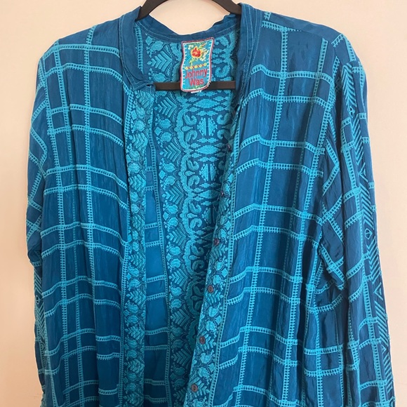 Johnny Was Long Sleeve Teal Blue Rayon Embroidered Stitching Top - Picture 3 of 10